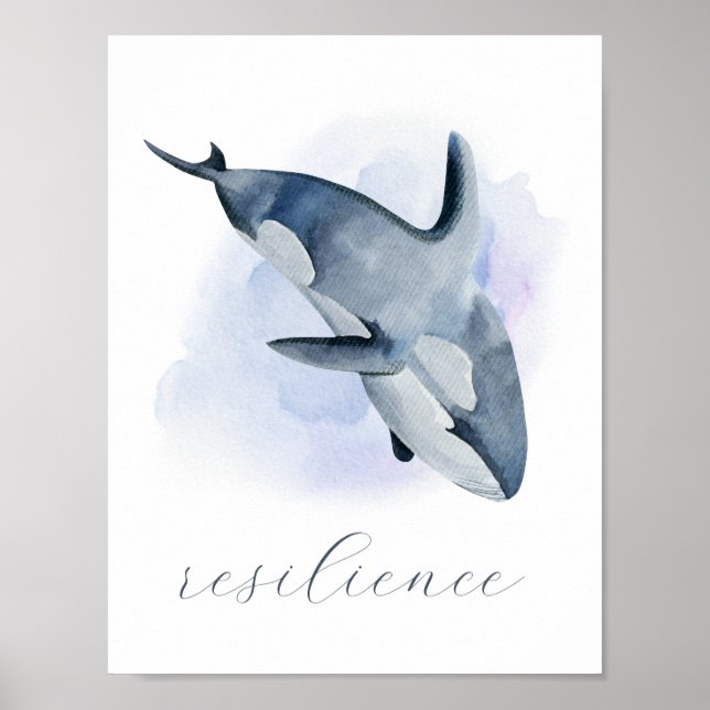 Poster Baleine orque aquarelle bleu blanc (Devant)