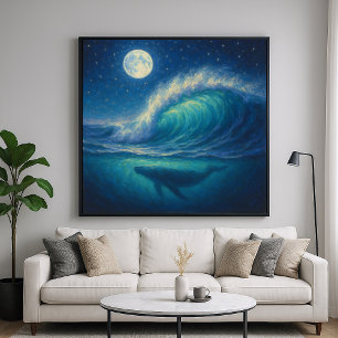 Poster Baleine sous une vague au clair de lune - Style de
