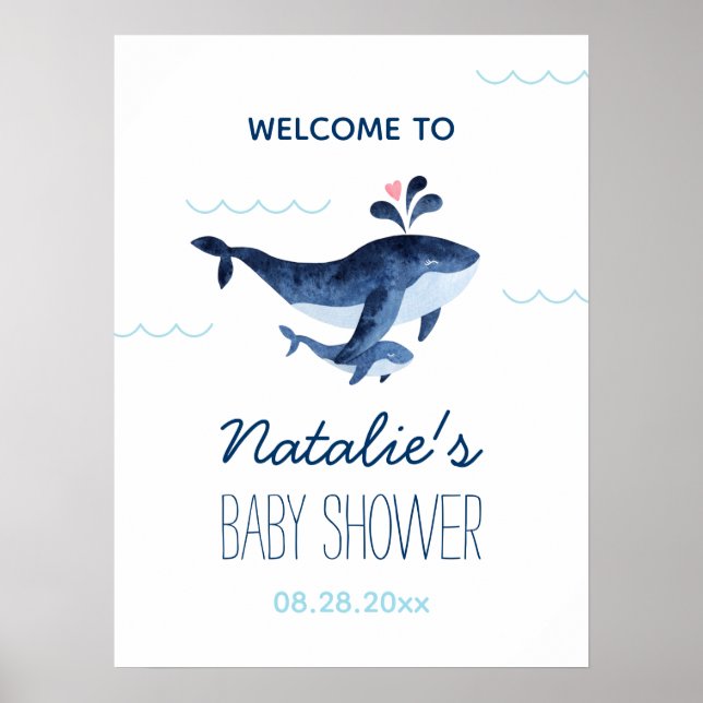 Poster Baleines nautiques sous le Baby shower marin Bienv (Devant)