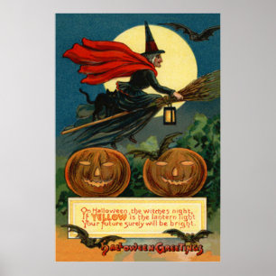 Poster Balle de sorcière Volant Jack-o'-lantern Chat Noir