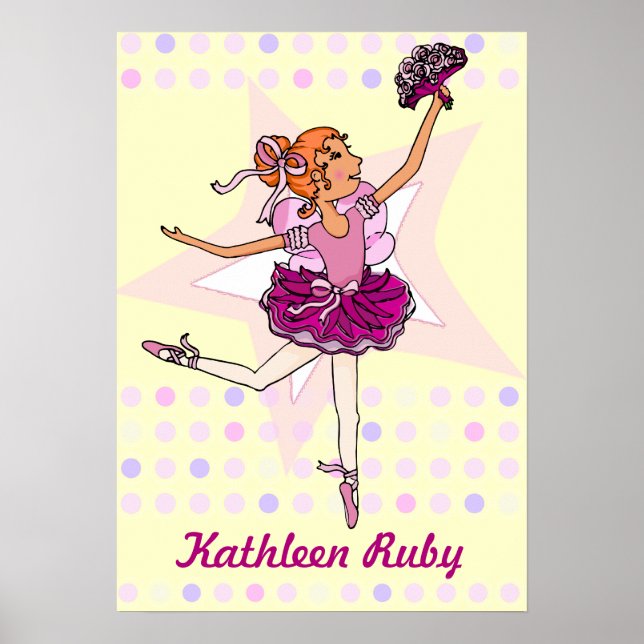 Poster Ballerina jaune - cheveux rouges fille "votre nom" (Devant)