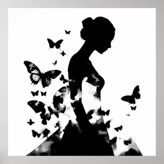 Poster Ballerina & Papillons Silhouette Noir & Blanc