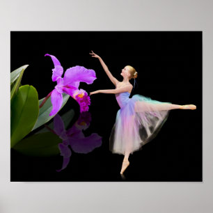 Poster Ballerine avec l'orchidée sur le noir