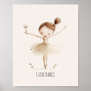 Poster Ballerine Mignonne Ballet J'Aime Danse Aquarelle