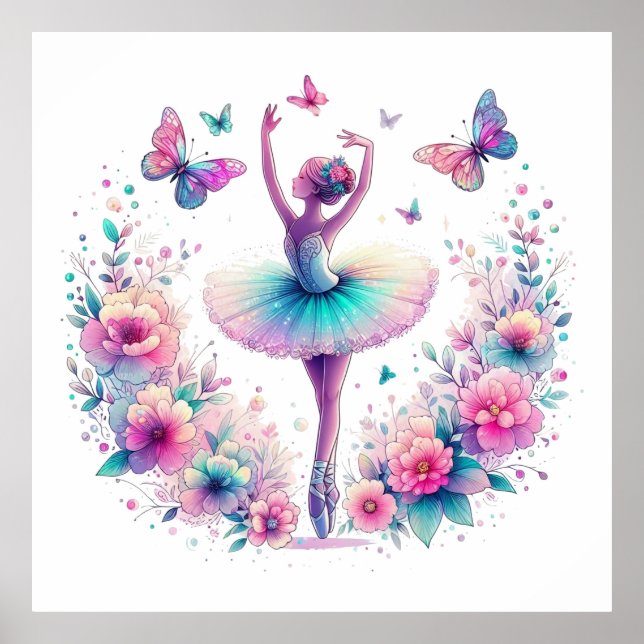 Poster Ballet, papillons et fleurs (Devant)
