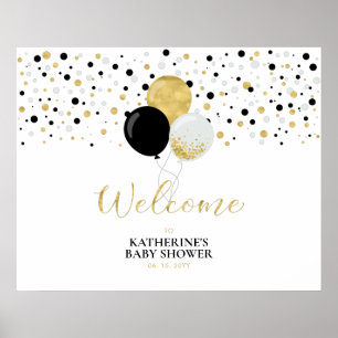 Poster Balloirs or et noir Baby shower moderne Bienvenue