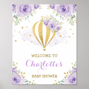 Poster Ballon à Air Chaud Floral Or Pourpre Bienvenue Béb