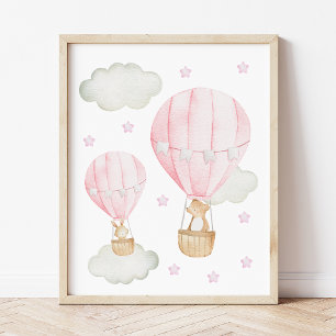 Poster Ballon à Air Chaud Rose, Animaux Mignons, Chambre 