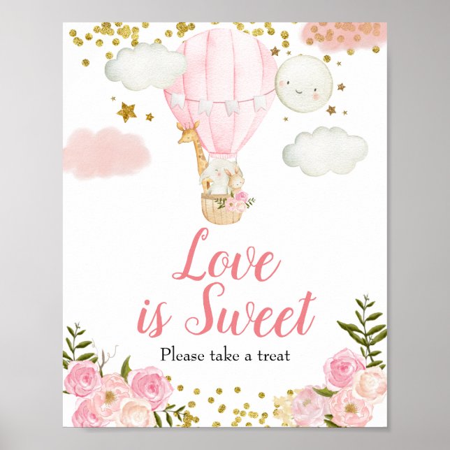 Poster Ballon à air chaud rose Aquarelle L'amour est doux (Devant)