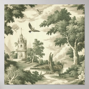 Poster Ballon à Air Chaud Toile de Jouy Campagne Verte (2