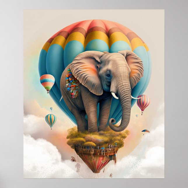 Poster Ballons à air chaud Eléphant mignon animal Whimsic (Devant)