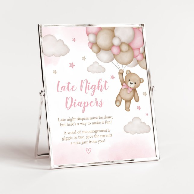 Poster Ballons à oreilles roses Baby shower tard dans la  (Girl Bear Baby Shower Late Night Diapers Sign)