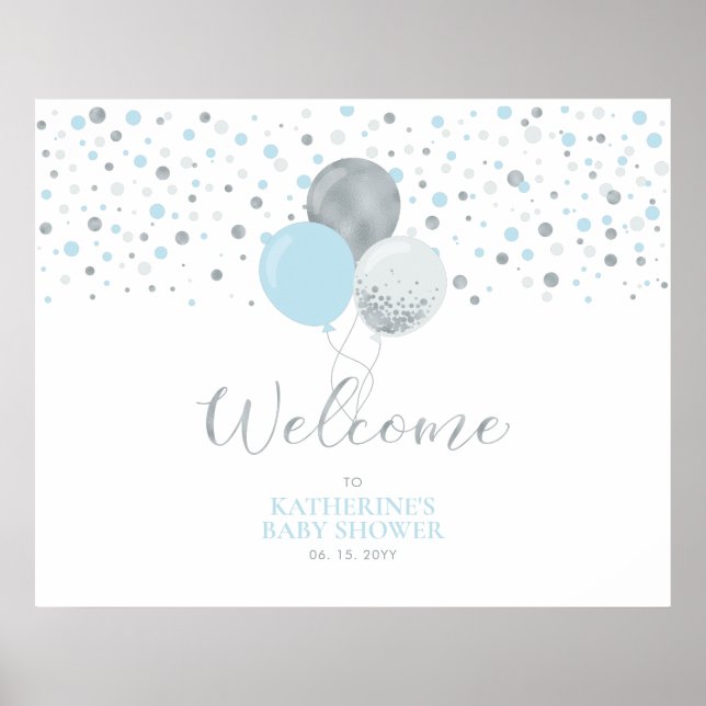 Poster Ballons Argent et Bleu Clair | Bienvenue à la Baby (Devant)