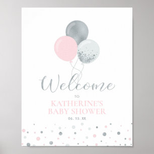 Poster Ballons Argentés et Roses Bienvenue à la Baby Sh