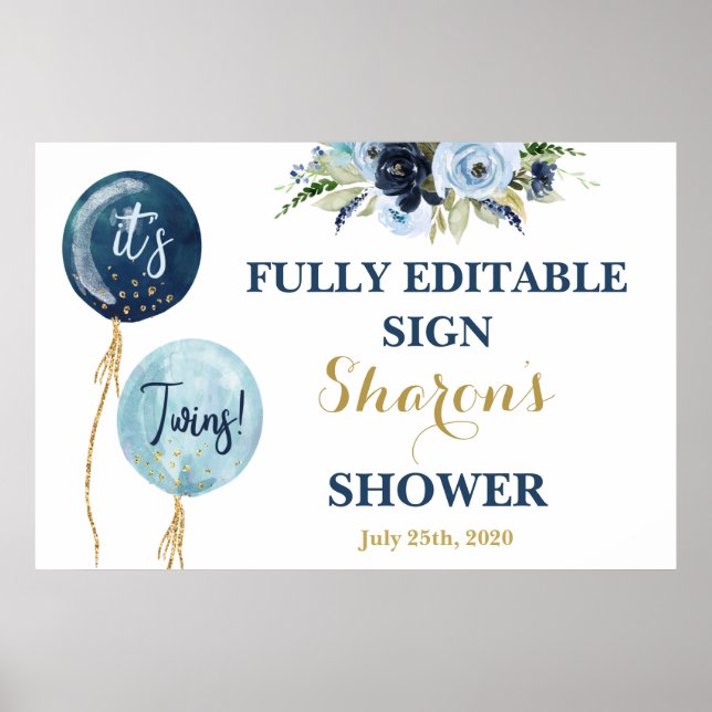 Poster Ballons bleu marine baby shower Jumeaux jumeaux (Devant)