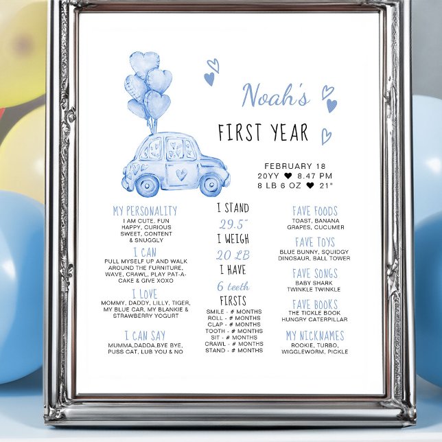 Poster Ballons Bleus et voiture 1er Anniversaire Jalon (Milestone First Birthday Sign - from my Car and Balloons Valentine Birthday Collection)