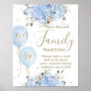 Poster Ballons Bleus Floral Boy Tradition Familiale Favor