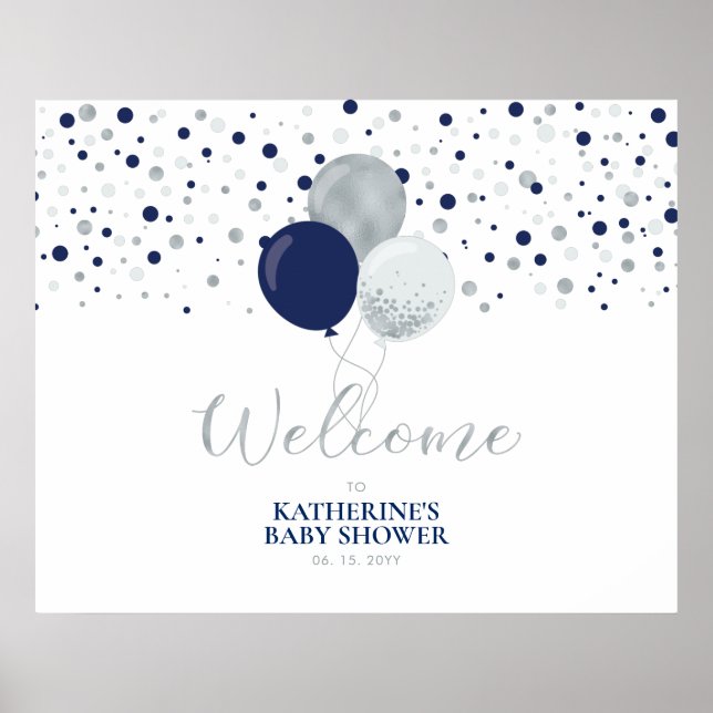 Poster Ballons d'argent et bleu Baby shower moderne Accue (Devant)