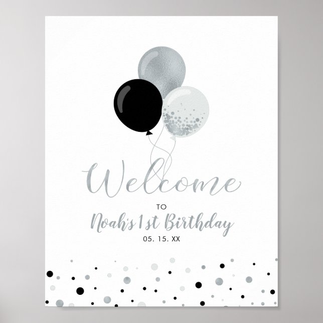 Poster Ballons d'argent et de noir Garçon 1er anniversair (Devant)