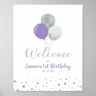 Poster Ballons d'argent et violet Fille 1er anniversaire 
