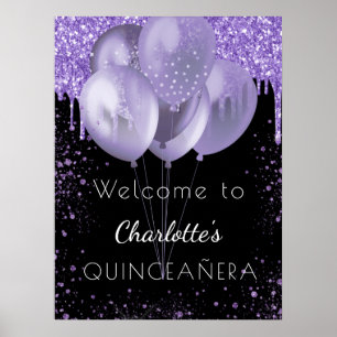 Poster Ballons de bienvenue en violet noir pailleté pour 