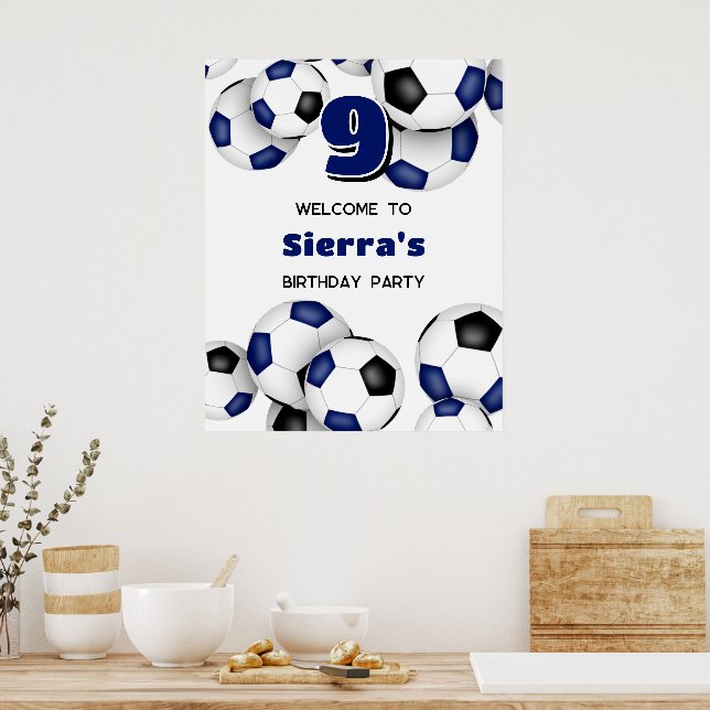Poster Ballons de football noir bleu anniversaire de enfa (Cuisine)