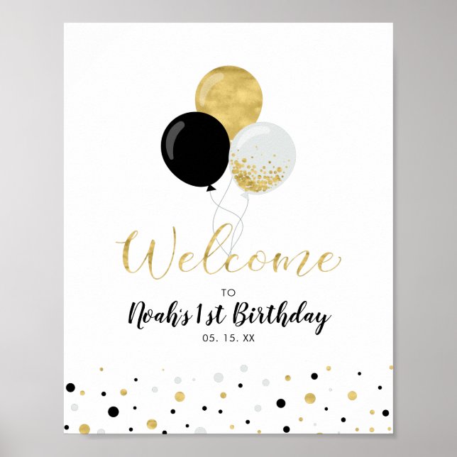 Poster Ballons d'or et de noir Garçon 1er anniversaire Bi (Devant)