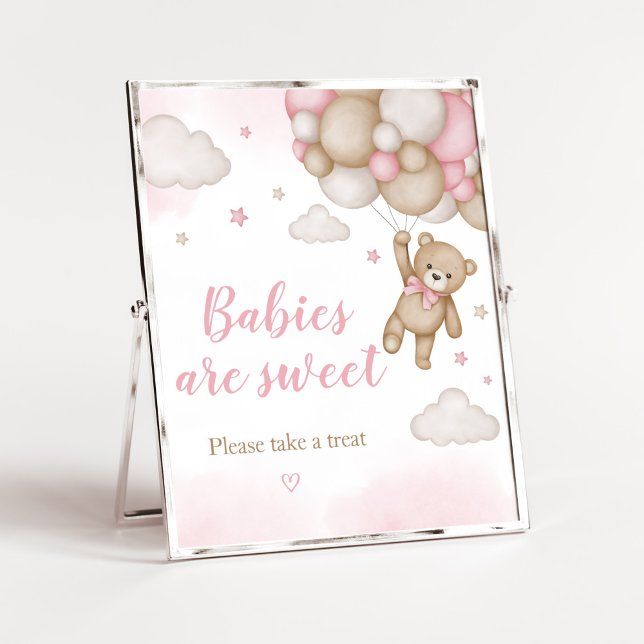 Poster Ballons d'ours rose Baby shower Les bébés sont dou (Girl Bear Baby Shower Babies are Sweet Sign)