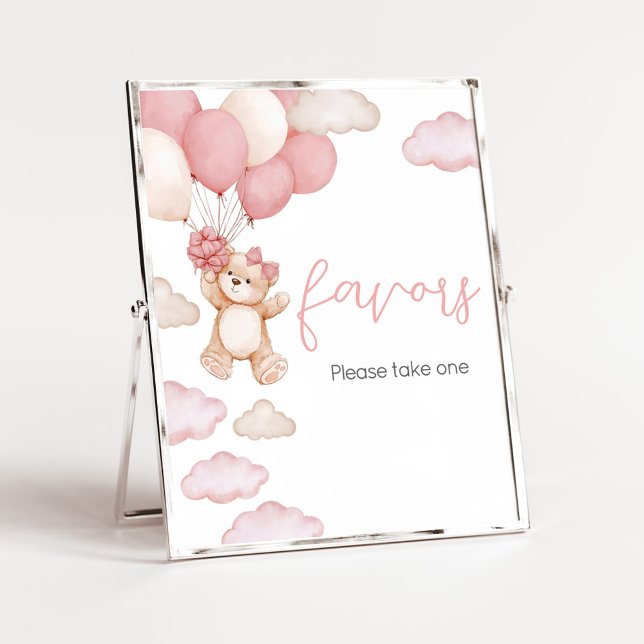 Poster Ballons d'ours rose Favoris d'attente (Pink Baby Bear Balloon Baby Shower Favors Sign)