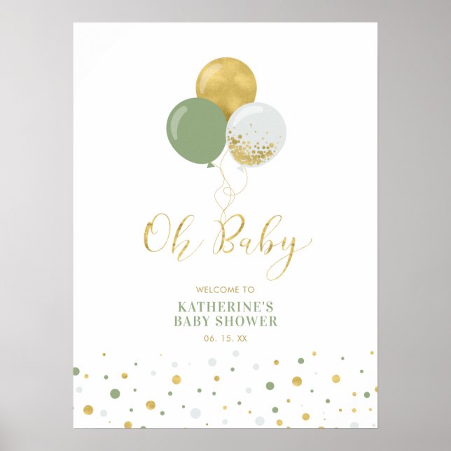 Poster Ballons or et vert | Accueil Baby shower garçon (Devant)