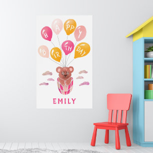Poster Ballons Ours Teddy Mignonne Fille Fête d'anniversa