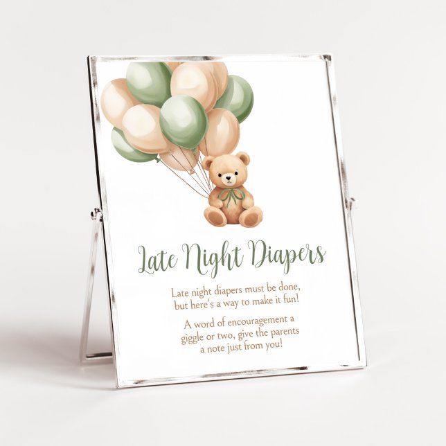 Poster Ballons Ours Vert Sage Late Night Diapés (Green Boho Bear Baby Shower Late Night Diapers Sign)