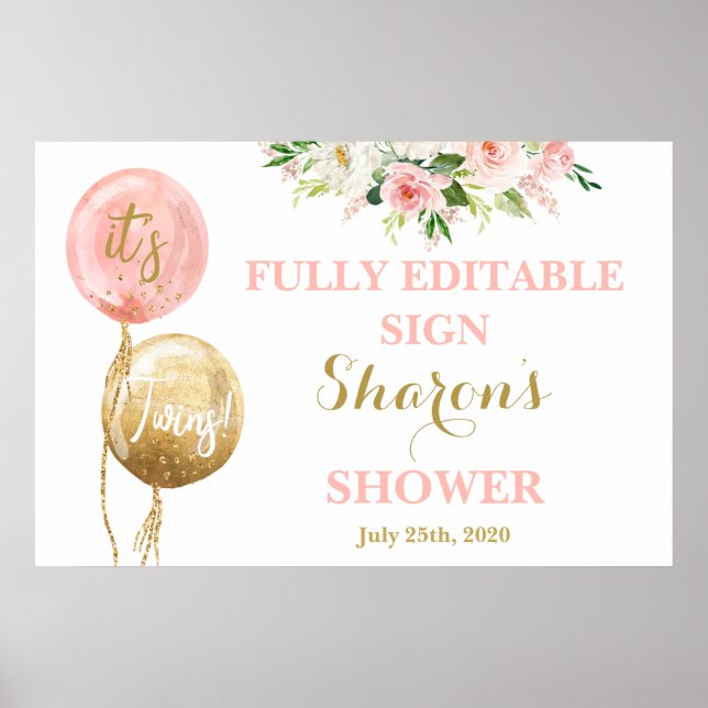 Poster ballons rose et or baby shower jumelles (Devant)