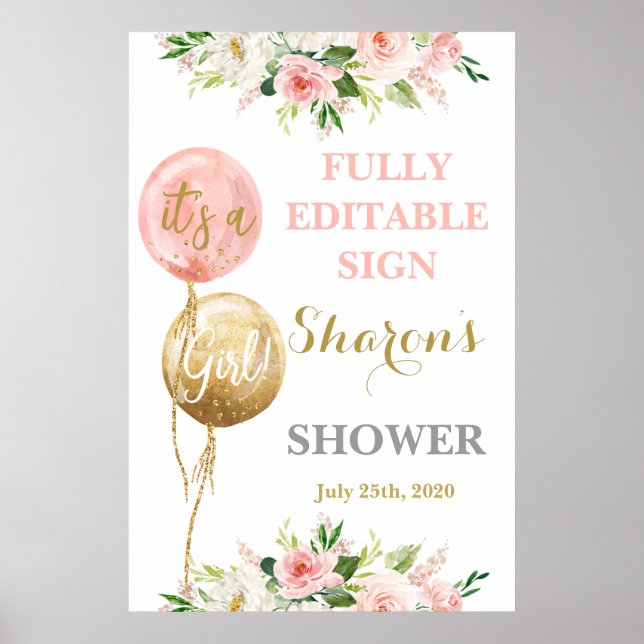 Poster Ballons roses baby shower fille signe (Devant)