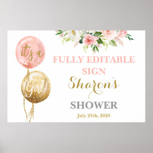 Poster Ballons roses baby shower fille signe