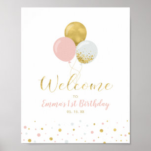 Poster Ballons roses et or   Bienvenue pour le 1er annive