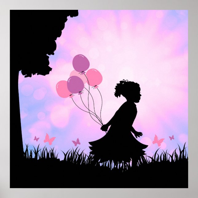 Poster Ballons Silhouette Enfants Papillons Art Mur (Devant)