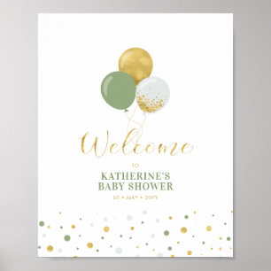 Poster Ballons Vert Sauge Or Bienvenue à la Baby Shower