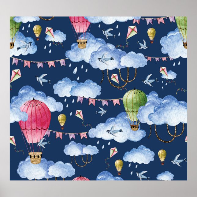 Poster Ballons Whimsical : Motif de nuage d'aquarelle (Devant)