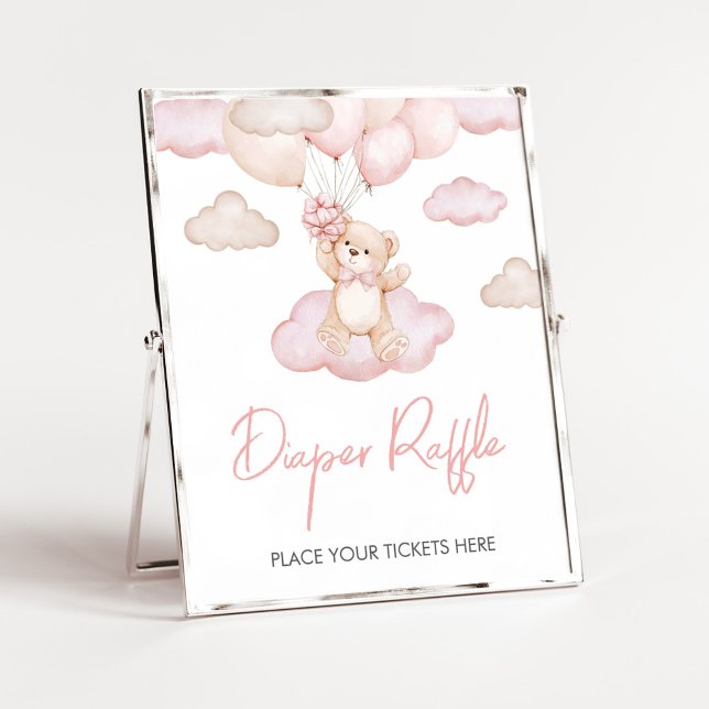 Poster Balloon de Baby shower de couche rose pour bébé Ra (Pink Baby Bear Balloon Baby Shower Diaper Raffle Sign)