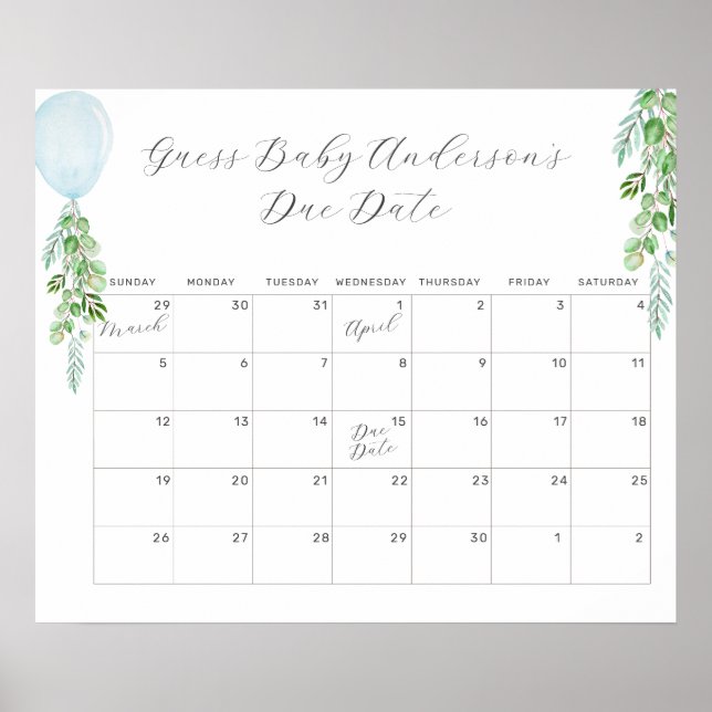 Poster Balloon Eucalyptus Guess Baby Date d'échéance Cale (Devant)