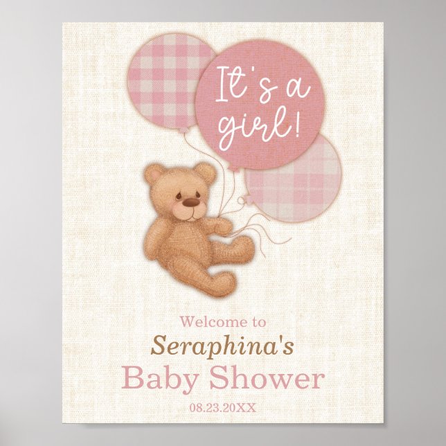 Poster Balloons roses Baby shower Ours en Teddy Accueil (Devant)