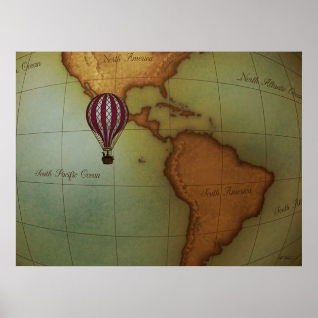 Poster Ballotte à air chaud sur la carte de l'hémisphère  (Devant)