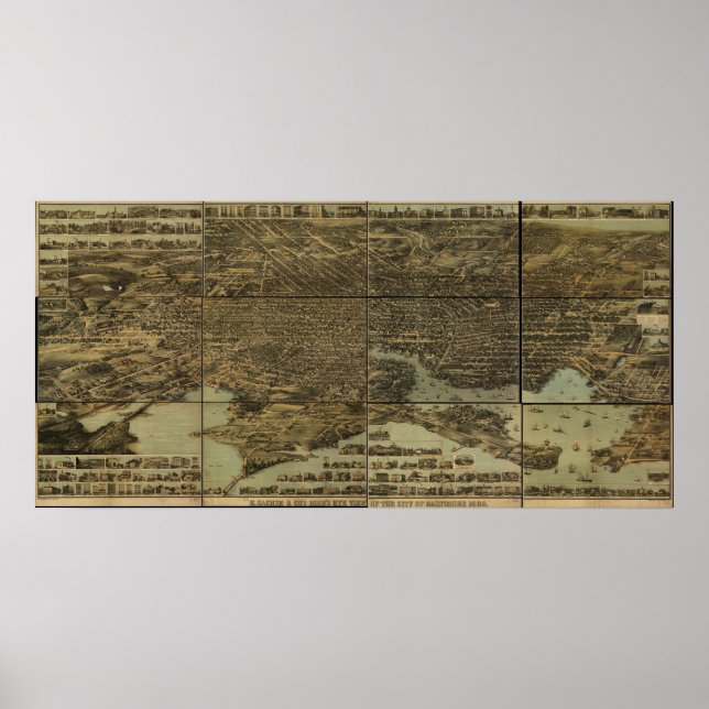 Poster Baltimore Maryland 1870 Antique Carte Panoramique (Devant)