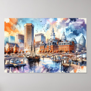 Poster Baltimore Maryland USA Travel Places aquarelle