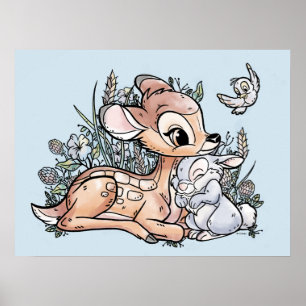 Poster Bambi & Thumper Assis Dans Les Fleurs
