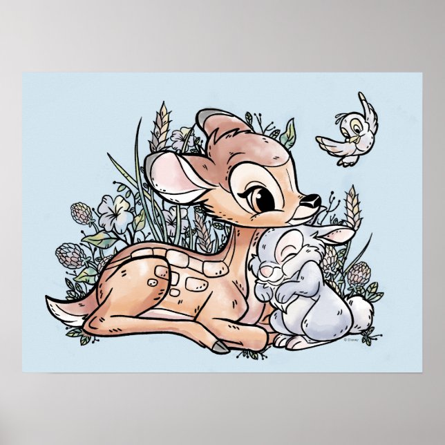 Poster Bambi & Thumper Assis Dans Les Fleurs (Devant)