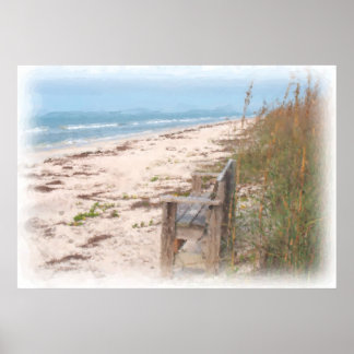 Poster Banc à la peinture aquarelle de plage