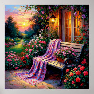 Poster Banc de jardin charmant orné de fleurs