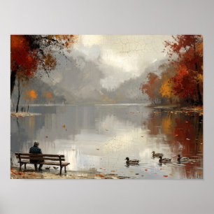 Poster Banc de parc d'automne au bord de l'étang
